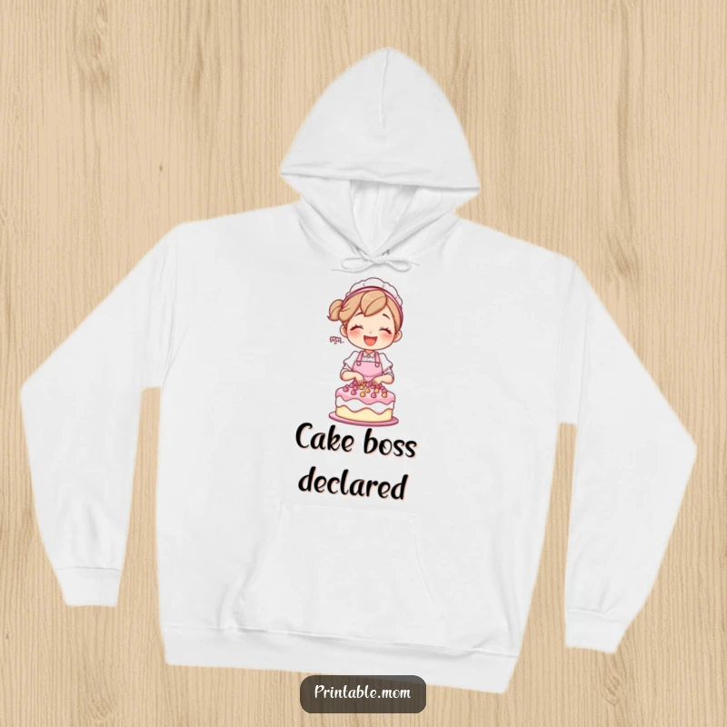 Funny mom character in an apron, joyfully decorating a cake, on a soft, warm hoodie.