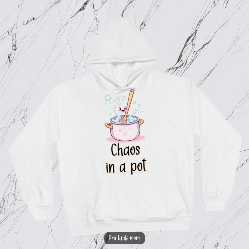 Funny Hoodie showing a bewildered spoon stirring a pot that is comically overflowing with bubbles.