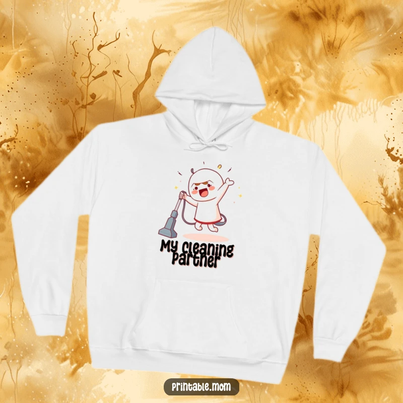 Funny hoodie featuring a character energetically dancing with a vacuum cleaner, offering warmth and humorous style for cleaning enthusiasts.