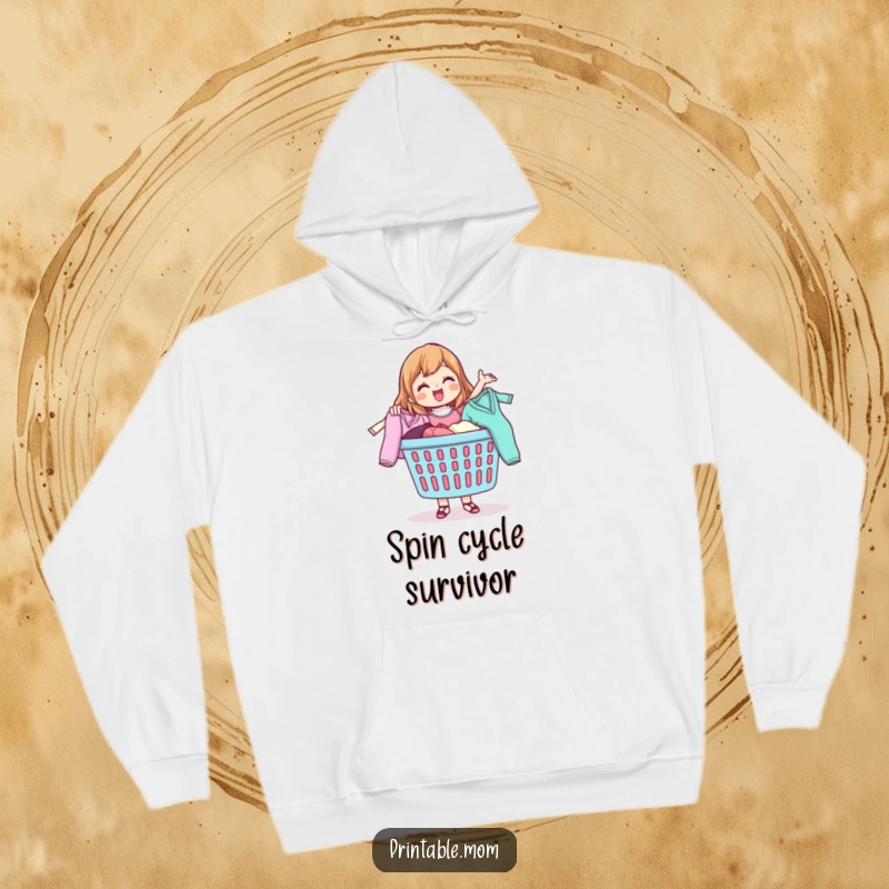 Funny hoodie with a happy mom character joyfully tossing laundry from a basket, embodying the spirit of chore conquerors.