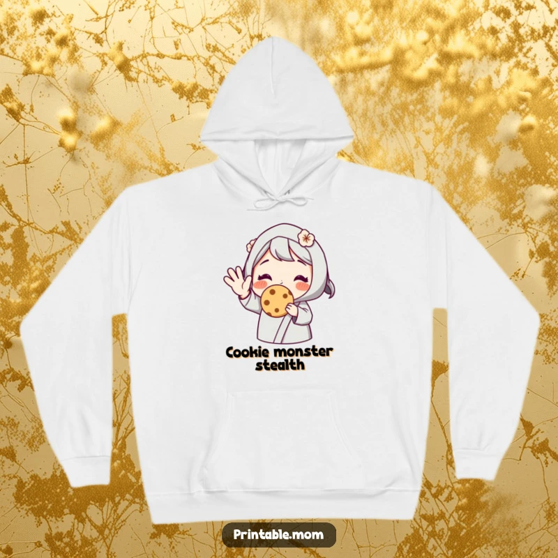 Funny hoodie featuring a mom character offering a warm cookie with a cheerful wave, providing cozy comfort and a sweet gesture, a great gift.