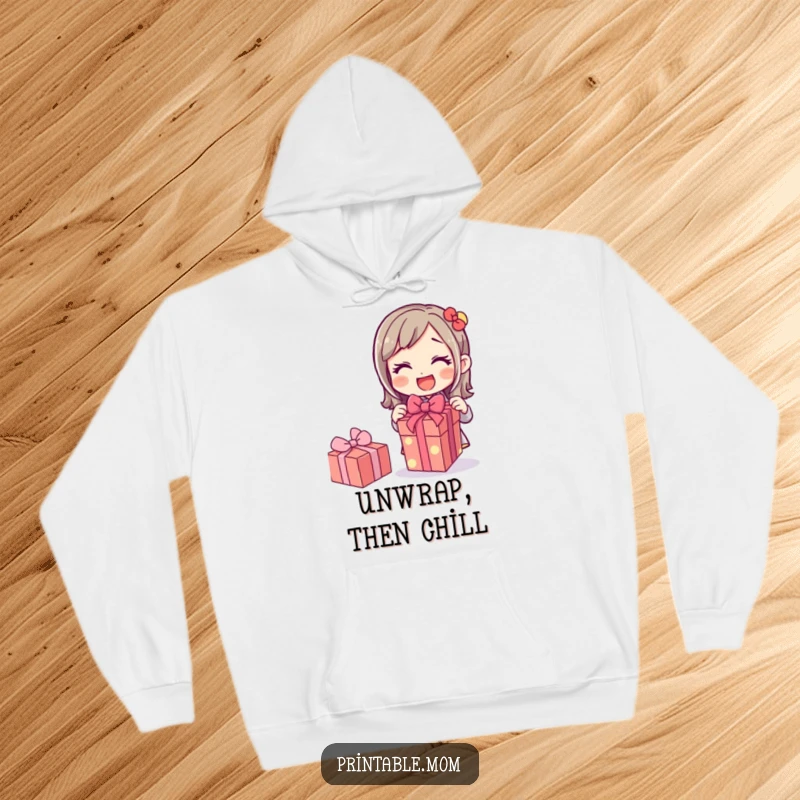 Funny hoodie with a mom character joyfully unwrapping a gift, radiating cozy excitement, a perfect comfy and humorous present.