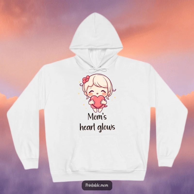 Funny hoodie with a loving mom character opening her heart, surrounded by magical tiny sparkles, a symbol of unconditional love.