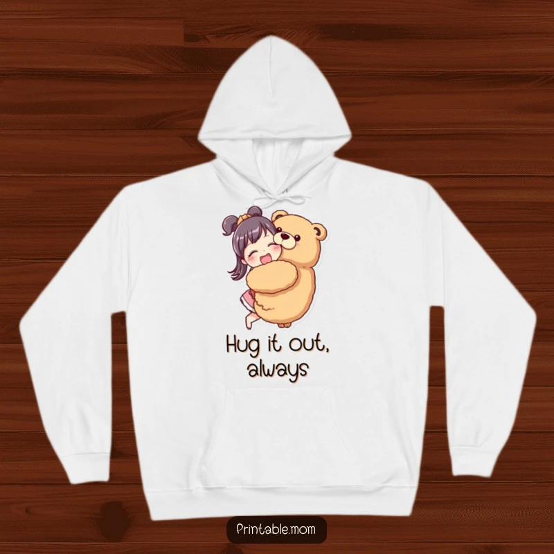 Funny Mom Hoodie featuring a mom character enthusiastically hugging a giant stuffed animal for ultimate coziness.