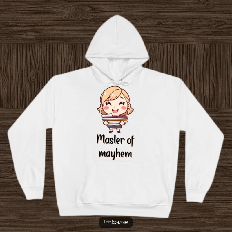 Funny cheerful mom character with papers, smiling warmly, on a soft, warm hoodie.
