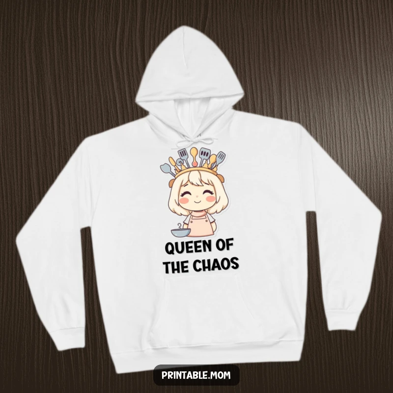 Funny hoodie featuring a smiling mom wearing a crown made of cooking utensils, exuding cozy queenly vibes.