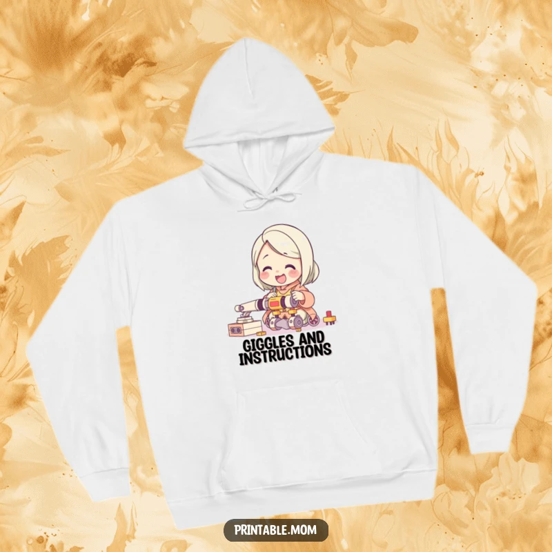 Funny hoodie featuring a giggling mom character delightedly assembling a complicated toy, providing warmth and humorous parenting vibes.