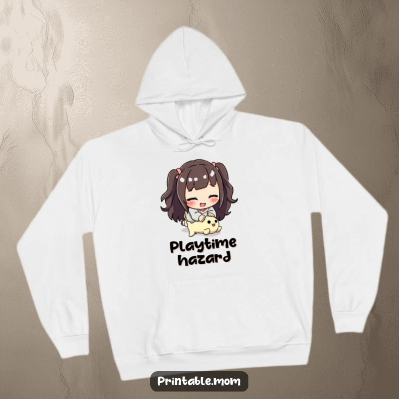 Funny mom hoodie depicting a smiling mom comically tripping over a toy, perfect for cozying up with a laugh.