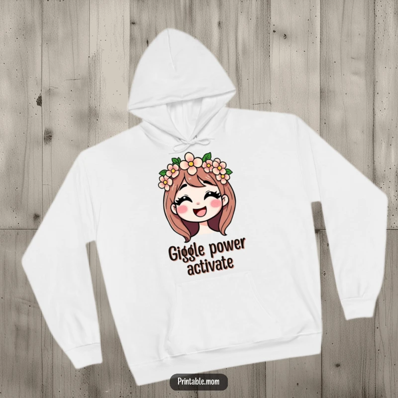 Funny hoodie of a mom wearing a flower crown and giggling, offering cozy comfort and maternal cheer.