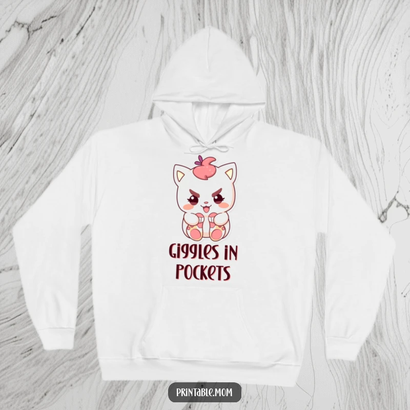 Funny hoodie featuring a mischievous character with a smirk, hoarding tiny socks, offering warmth and humorous style.