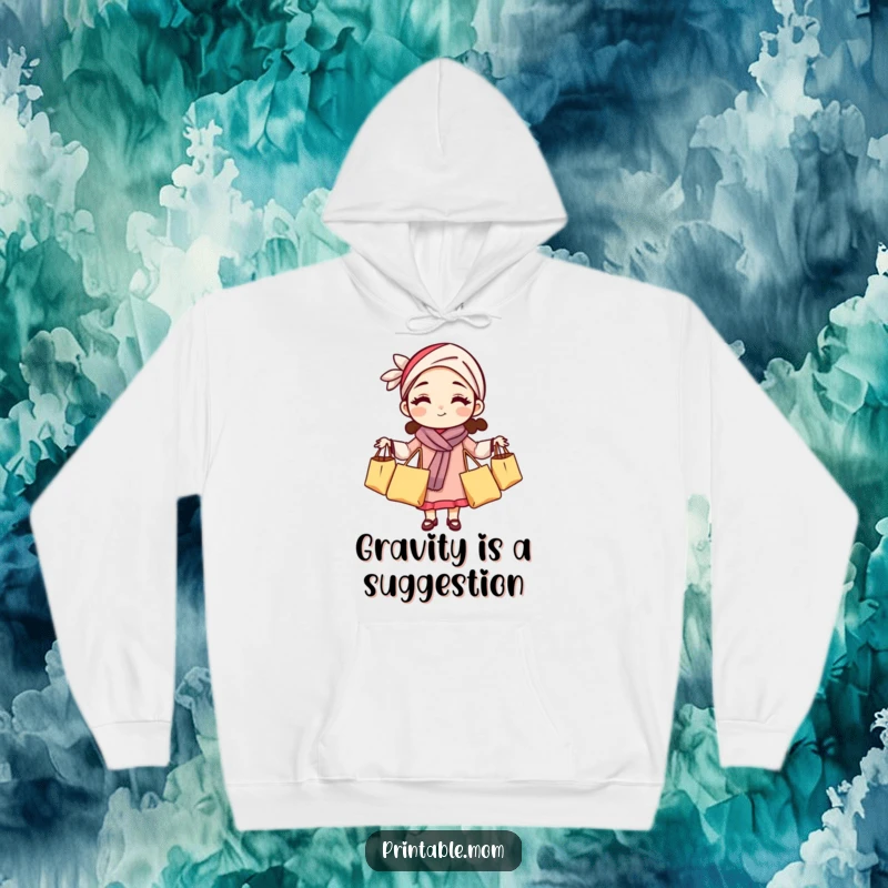 Funny mom hoodie featuring a woman with a headband juggling grocery bags, a cozy tribute to mom's efforts.
