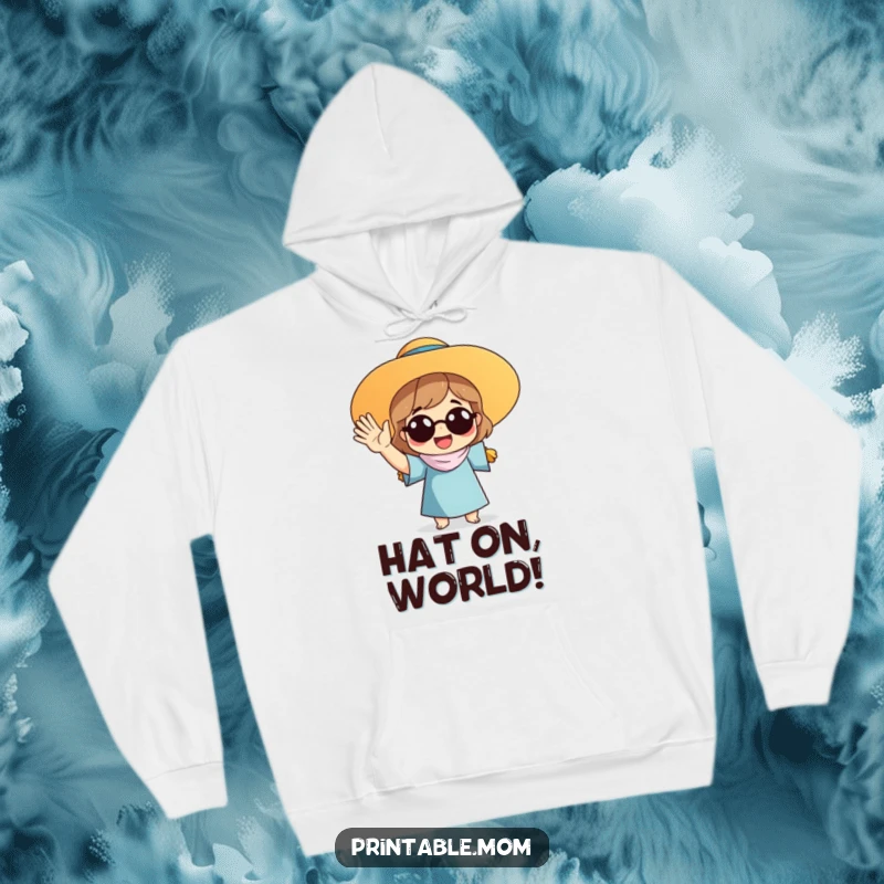 Funny hoodie of a mom wearing a sun hat and waving enthusiastically, offering cozy comfort and cheerful vibes.