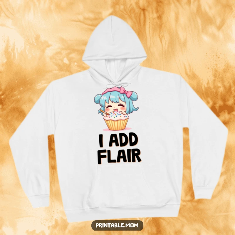 Funny Hoodie: Character giggling while decorating a cupcake with sprinkles, a warm and humorous apparel for bakers.