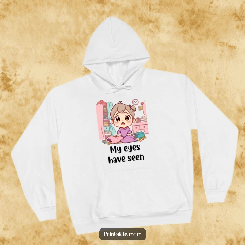 Funny hoodie depicting a mom character with wide, surprised eyes reacting to a messy room, offering comfort and humor.