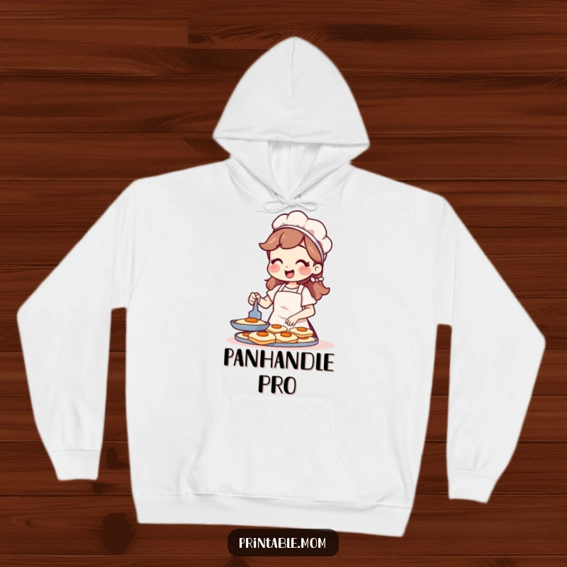 Funny hoodie featuring a cheerful mom in an apron flipping pancakes, perfect for cozy mornings.