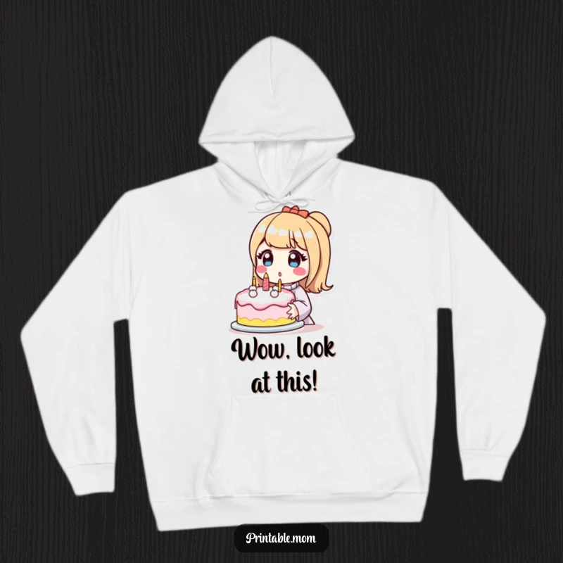 Funny hoodie featuring a surprised mom character holding a perfectly decorated cake, a humorous and celebratory design.