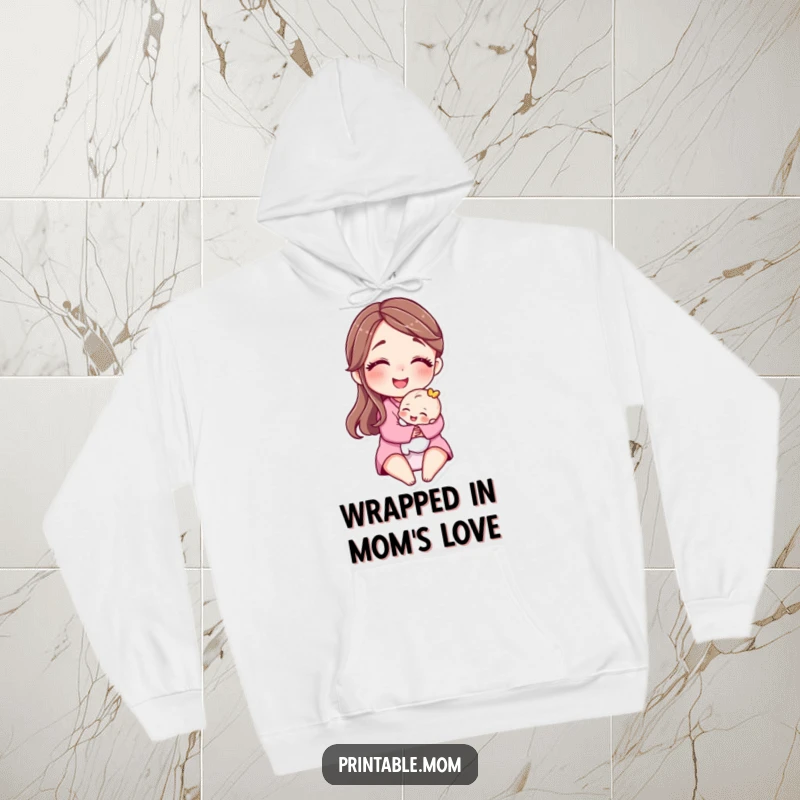Funny hoodie with a motherly character smiling and hugging a tiny baby, embodying warmth and tender love.