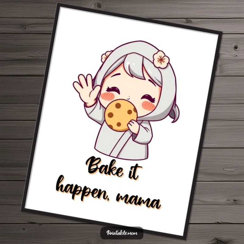 Funny Free Printable Wall Art: A mom character waves cheerfully, presenting a warm, delicious cookie.