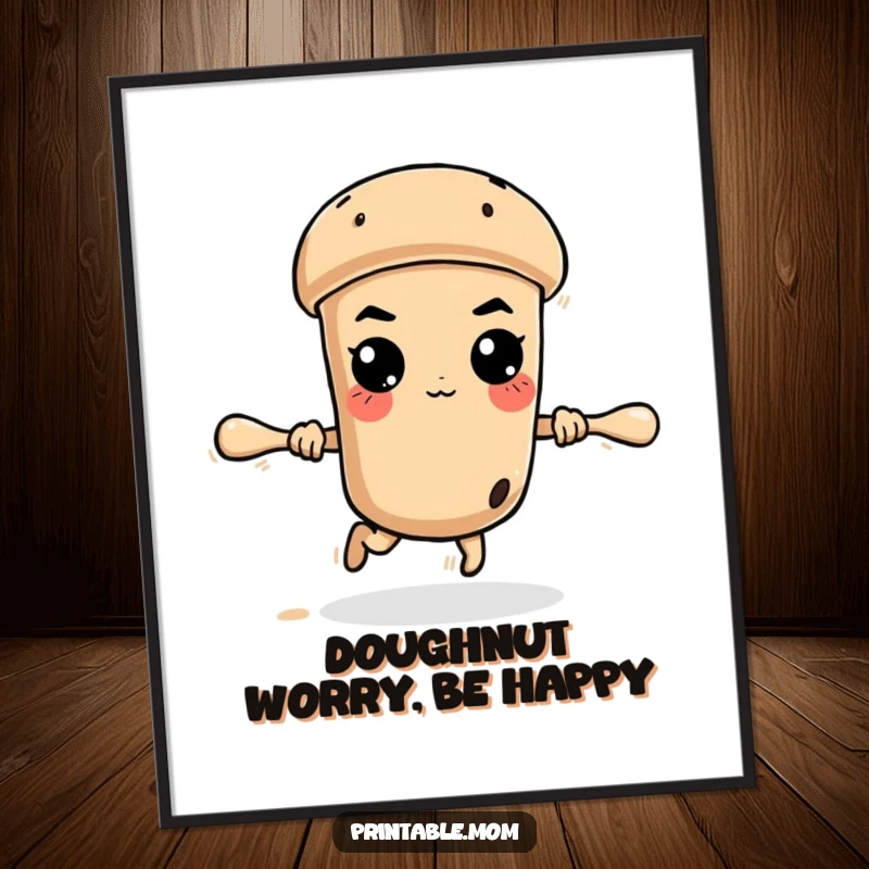 Funny Free Printable Wall Art: A runaway rolling pin with a determined expression, mid-roll, implying adventure and mischief.