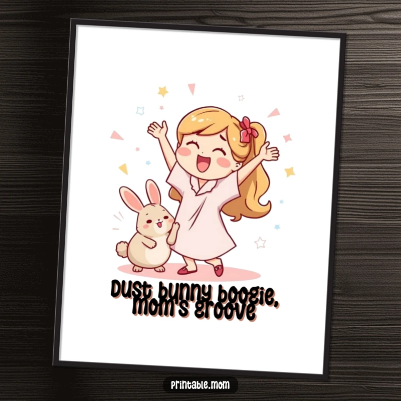 Funny Free Printable Wall Art: Mom dances with a dust bunny, a humorous DIY art piece.
