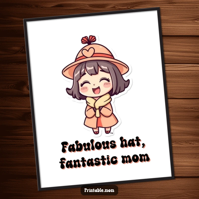Free Printable Wall Art: A mom character wearing a funny hat, looking absolutely delighted, bringing whimsical charm.