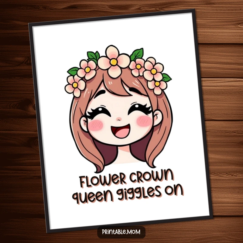 Funny Free Printable Wall Art of a happy mom wearing a vibrant flower crown and giggling with pure joy, ideal for a cheerful room.