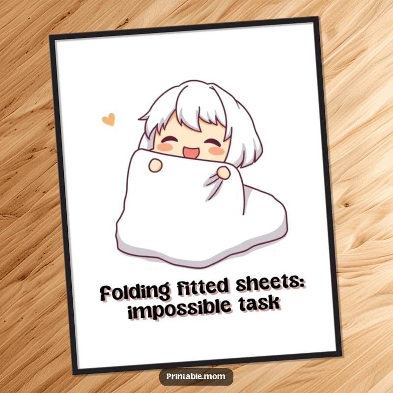 Funny Free Printable Wall Art: Character in a comical, joyful battle attempting to fold a completely uncooperative fitted sheet.