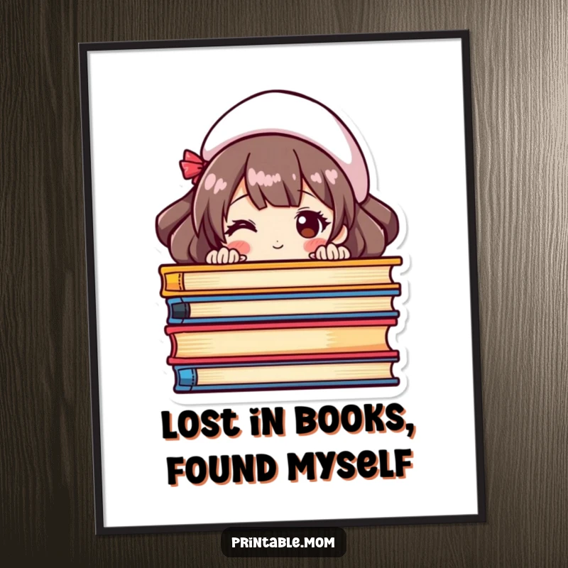 Funny Free Printable Wall Art: A mom character peeking from behind colorful books, perfect for a reading nook.