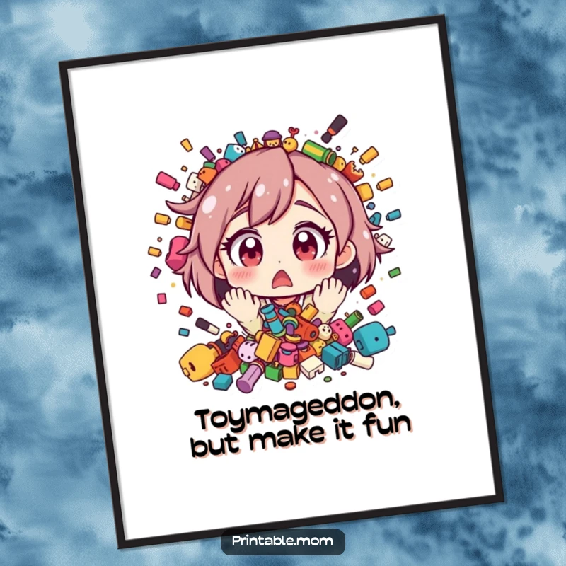 Funny Free Printable Wall Art Mom: A mom reacts with wide-eyed surprise to a colorful, massive explosion of toys, capturing playful energy.