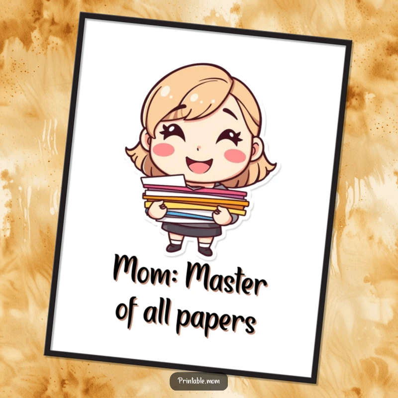 Free Printable Wall Art: A cheerful mom character smiling and holding a big stack of colorful papers.