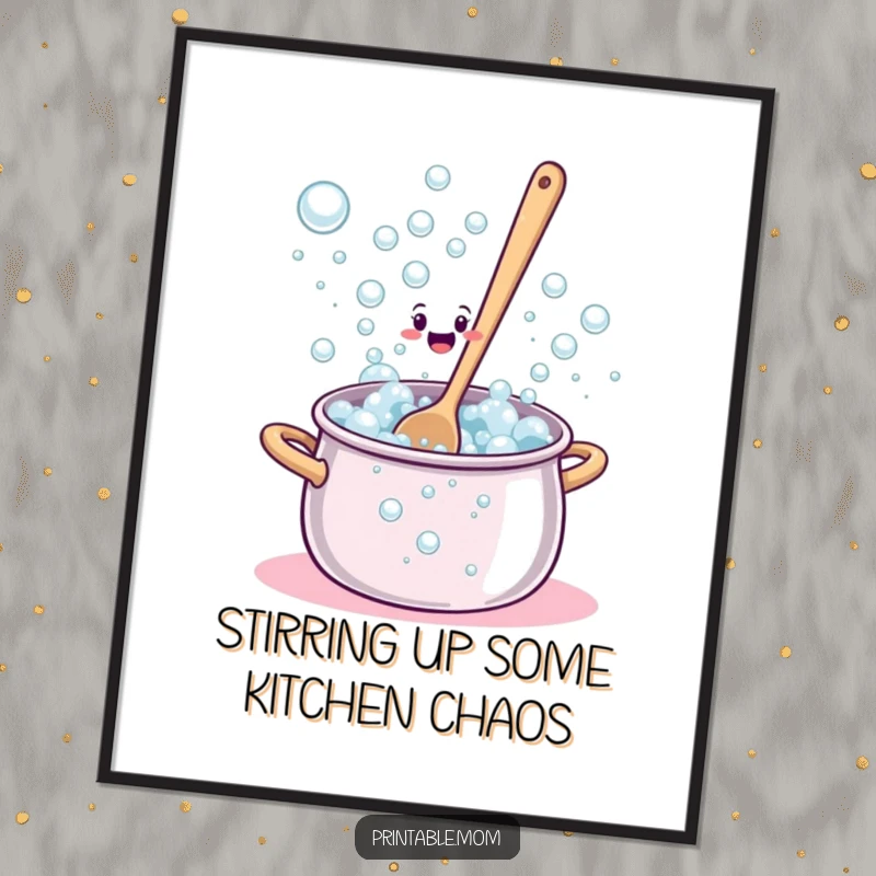 Funny Free Printable Wall Art: Bewildered spoon stirring a pot that is overflowing with bubbles, kitchen humor.