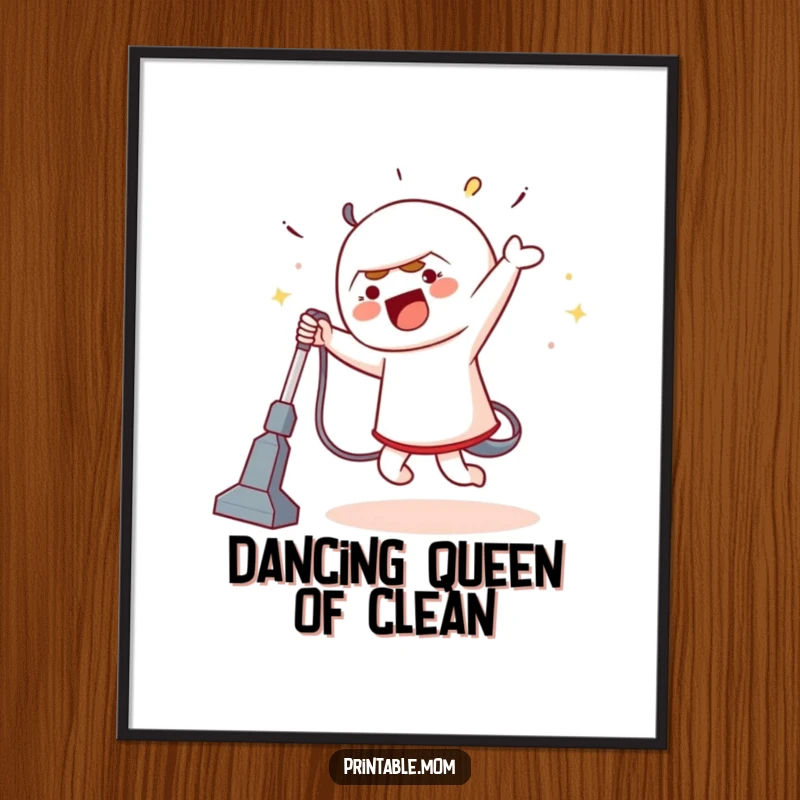 Funny Free Printable Wall Art of a character performing a silly dance with a vacuum cleaner, a playful piece of downloadable art.