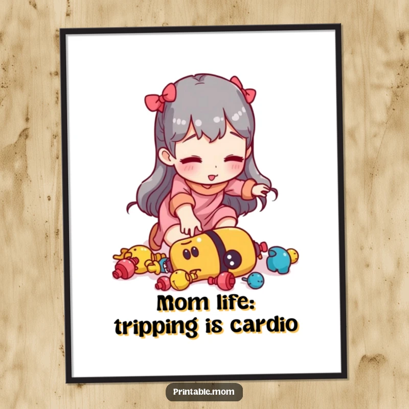 Funny Free Printable Wall Art: A mom comically tripping over a mountain of toys, capturing parenting chaos with humor.