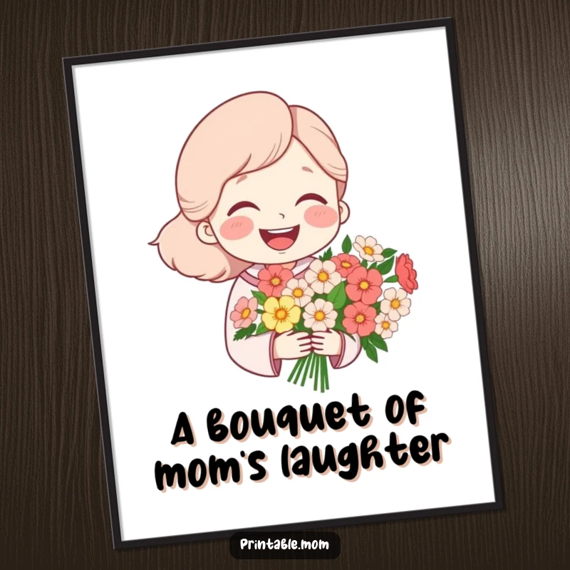 Funny free printable wall art of a mom character laughing heartily while cherishing a beautiful bouquet of flowers.