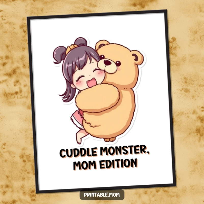 Free Printable Wall Art: A mom character enthusiastically hugging a giant stuffed animal, creating a joyful display.
