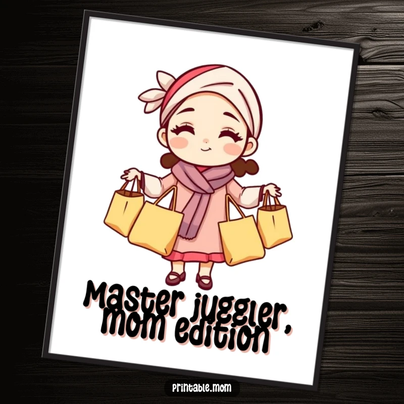 Funny Free Printable Wall Art depicting a mom in a headband, skillfully juggling multiple grocery bags with a determined expression.