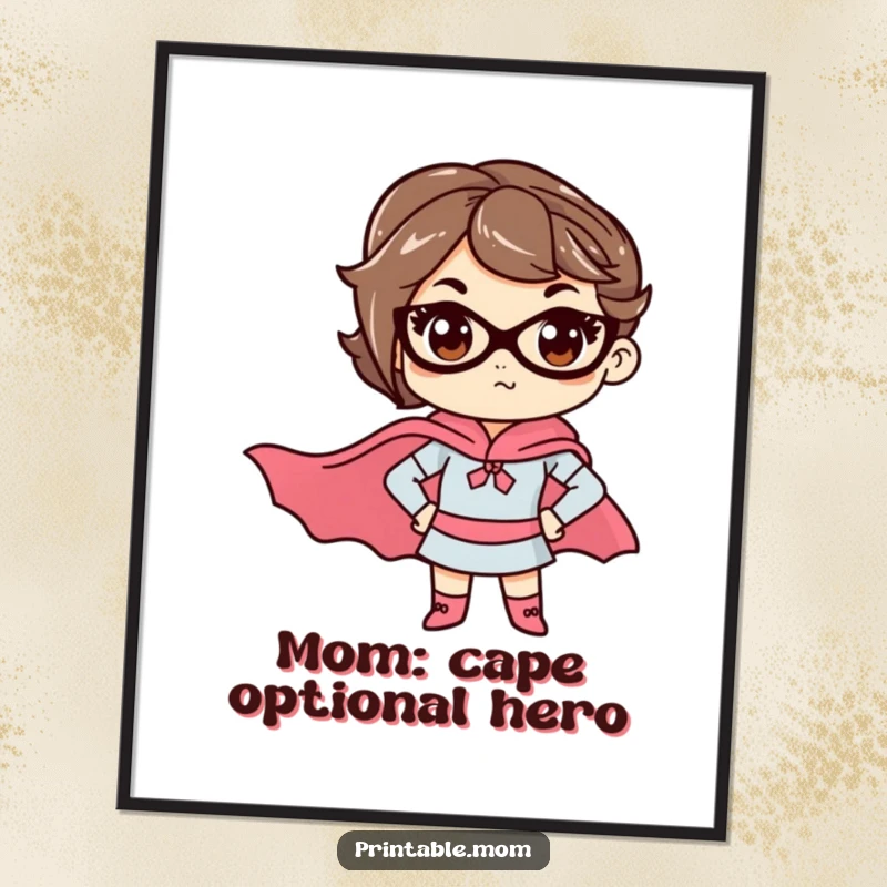 Funny Free Printable Wall Art: A mom in a dynamic superhero cape, striking a determined pose.
