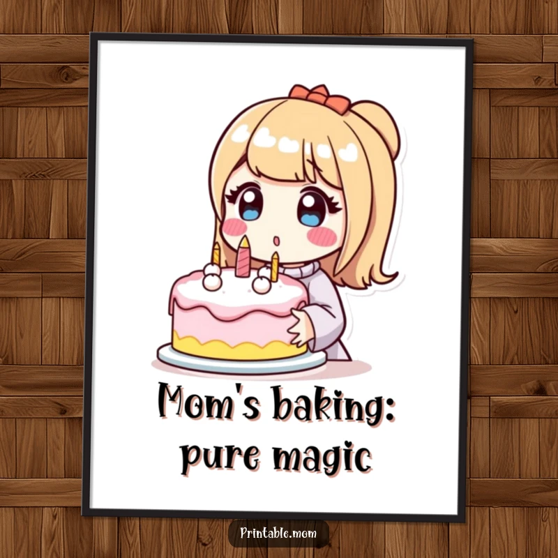 Funny Free Printable Wall Art: Mom Character Looks Surprised Holding a Perfect Cake