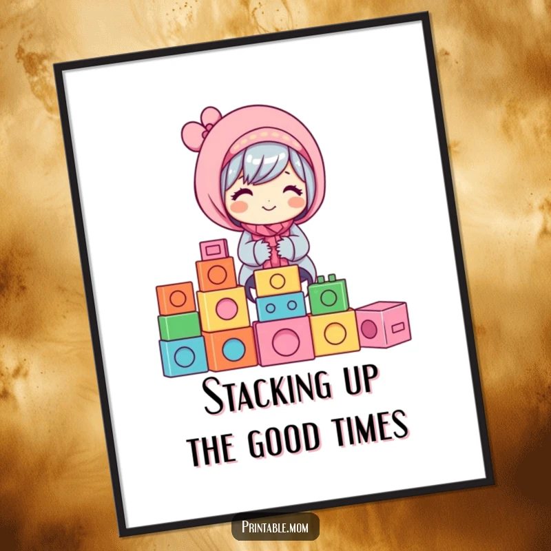 Free Printable Wall Art: Joyful mom happily stacking colorful building blocks, a cheerful art piece for homes.