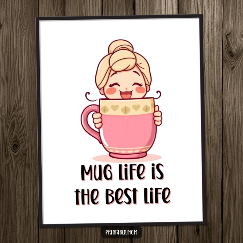 Funny Free Printable Wall Art: A happy mom character with a warm smile is joyfully hugging a large, colorful mug.