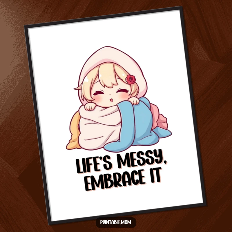 Funny Free Printable Wall Art: Character slyly peeking from behind a large pile of laundry and offering a cheeky wink.