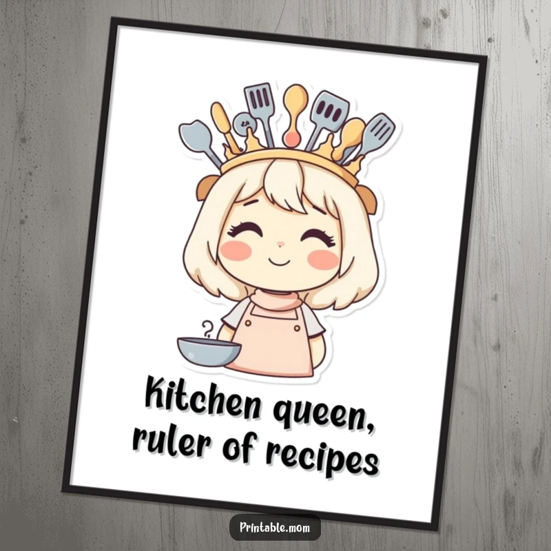 Funny Free Printable Wall Art of a smiling mom wearing a crown made from kitchen utensils, a DIY gift.