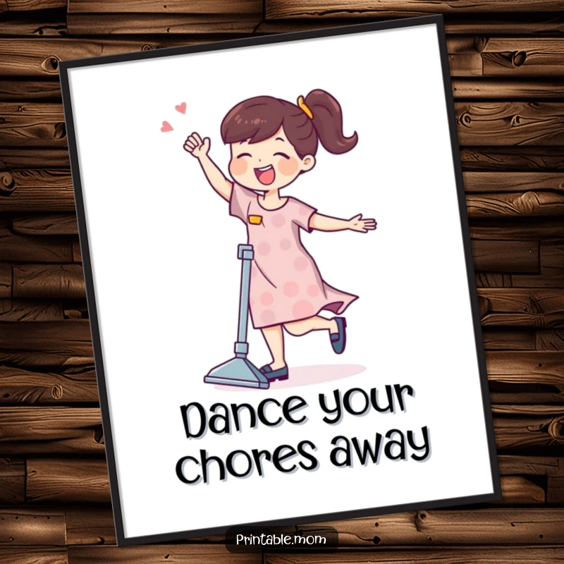 Funny free printable wall art showing a mom character having a blast dancing with a vacuum cleaner, ready for action.