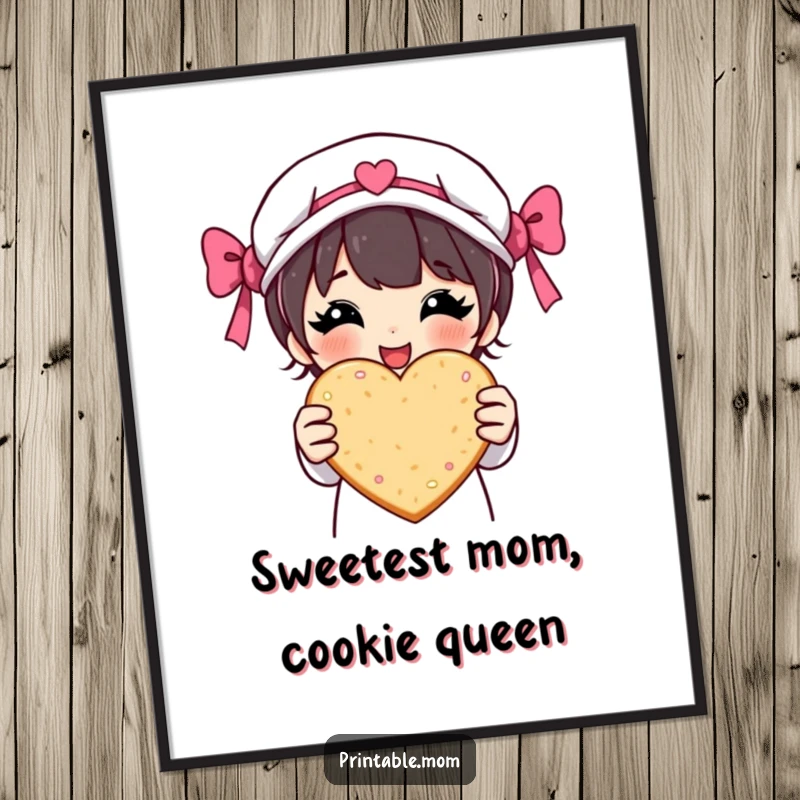Funny Free Printable Wall Art: Proud mom character holds out a giant heart cookie, radiating love and baked goods.