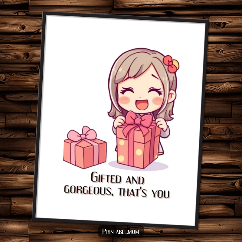 Funny Free Printable Wall Art: A mom character excitedly unwraps a beautifully presented gift with pure delight.