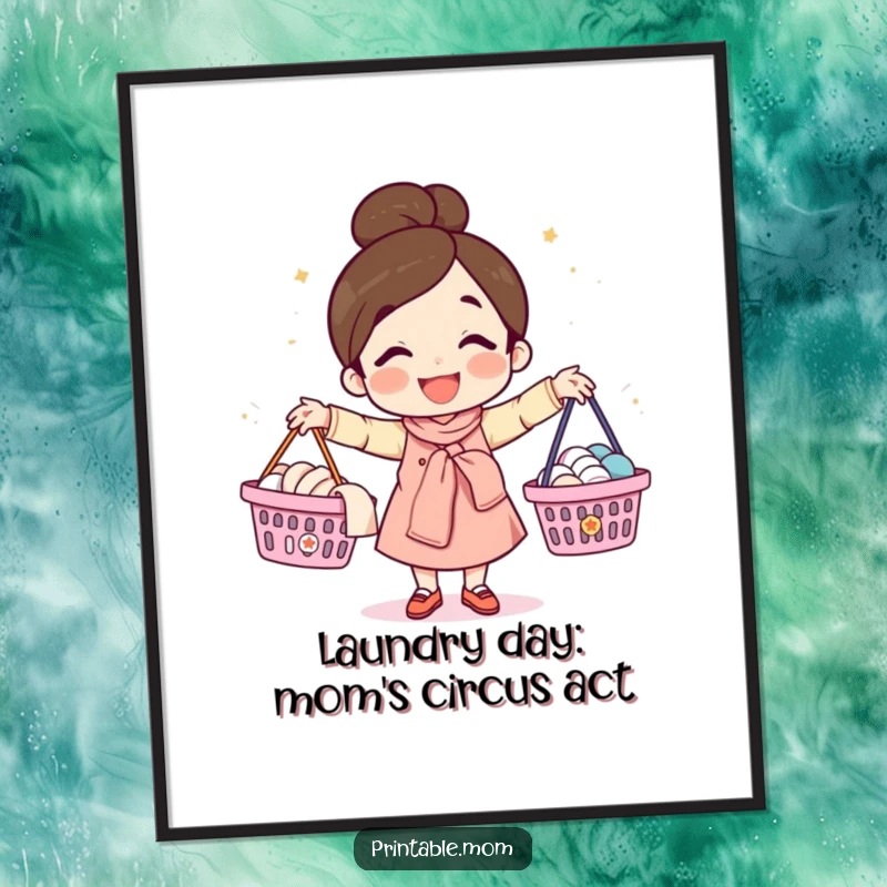 Funny free printable wall art of a happy mom character effortlessly juggling laundry baskets, a humorous depiction of busy life.