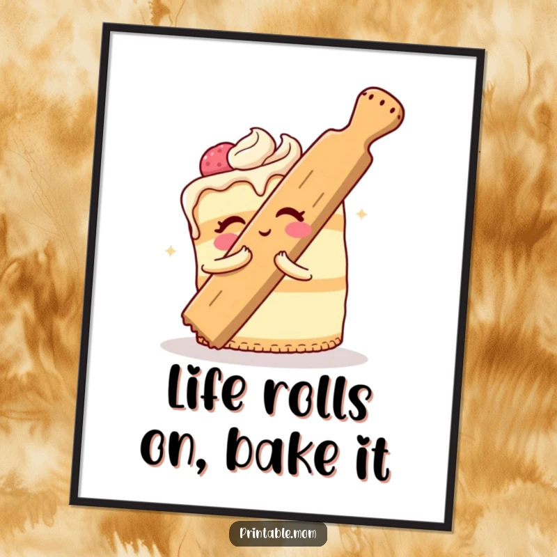 Funny Free Printable Wall Art: A cheerful cake comically attempts to embrace a colossal rolling pin, creating a humorous scene.
