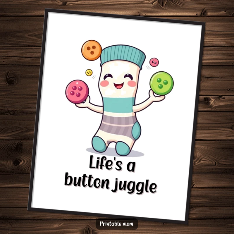 Funny Free Printable Wall Art: A happy sock character with a smile juggles three colorful buttons.
