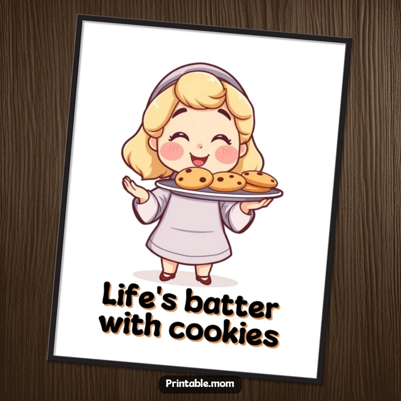 Free Printable Wall Art: Mom proudly holds a plate of freshly baked cookies, a charming kitchen art piece.