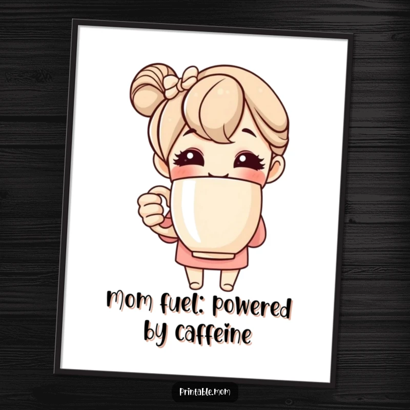 Funny free printable wall art of a smiling mom character holding a giant coffee mug, celebrating caffeine and motherhood.